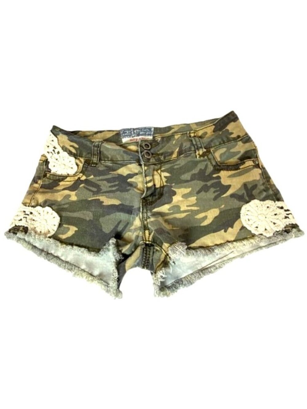Vintage Hot Kiss Cut Offs Camouflage Cici Shorts W/ Crochet Lace Frayed Sz 9